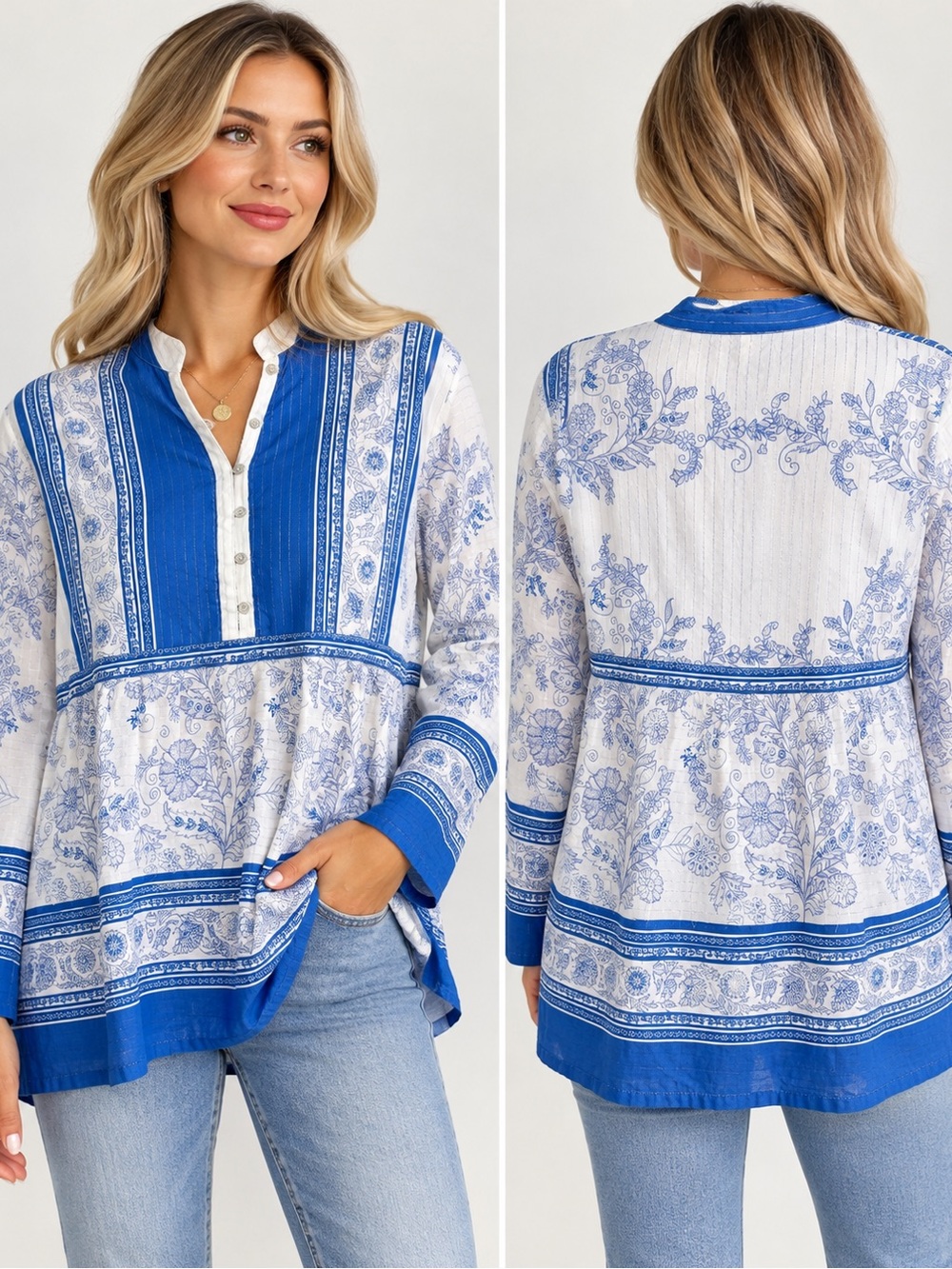 382. Liza Byrd Blue and White Printed Peasant Blouse